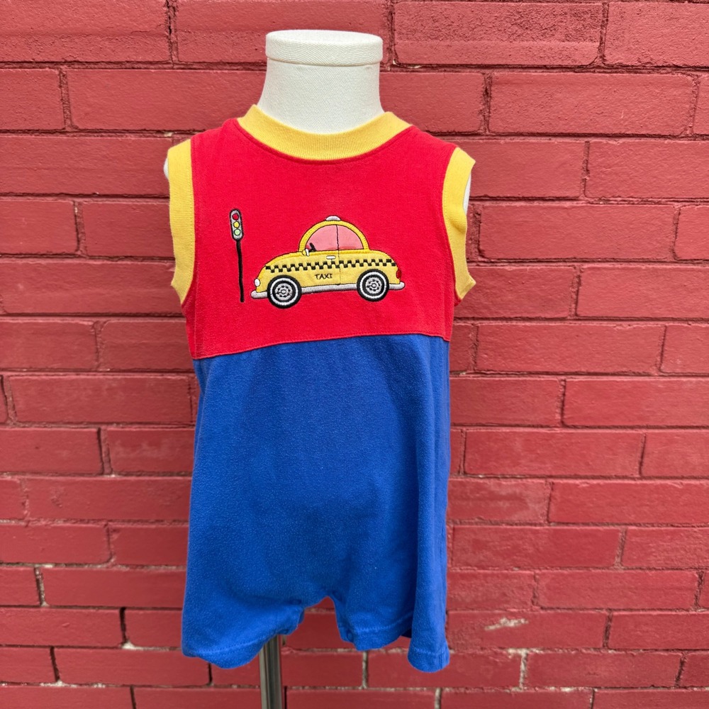 Vtg 90s Simply Basic Toddler Boys Taxi Cab Colorblock Romper Red Blue Size‎ 24M